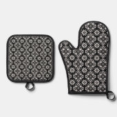 Boho Chic Zwart-wit Bloempatroon Ovenwant & Pannenlap Set (Voorkant)