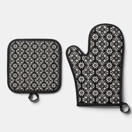 Boho Chic Zwart-wit Bloempatroon Ovenwant & Pannenlap Set (Voorkant)
