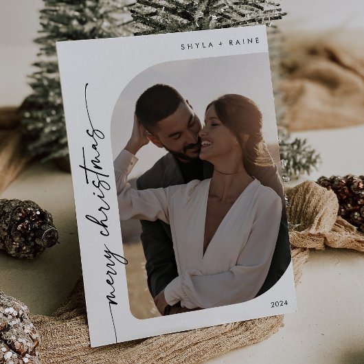 Boho Chic Zwart Wit Foto Eenvoudig Prettig Kerstfe Feestdagenkaart