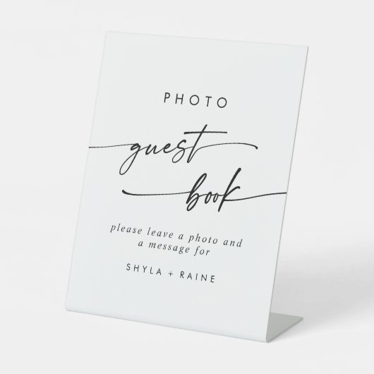 Boho Chic Zwart-wit Foto Gastenboek Trouwen Reclamebord Met Voetstuk (Voorkant)