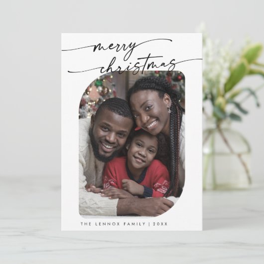 Boho Chic Zwart Wit Foto Schattige Vrolijk Kerstfe Feestdagenkaart (Staand voorkant)