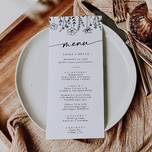 Boho Chic Zwarte en Witte Wilde Bloemen Bruiloft Menu