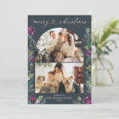 Boho chique blauw roze gebladerte foto kerst Kaart (Staand voorkant)