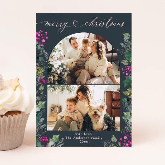 Boho chique blauw roze gebladerte foto kerst Kaart