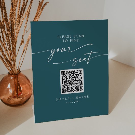 Boho Chique Blauwgroen Blauw Zittingkaart QR Code Reclamebord Met Voetstuk