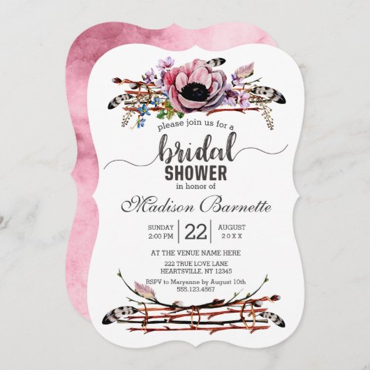 Boho chique blush bloemenbruids douche uitnodiging (Voorkant / Achterkant)