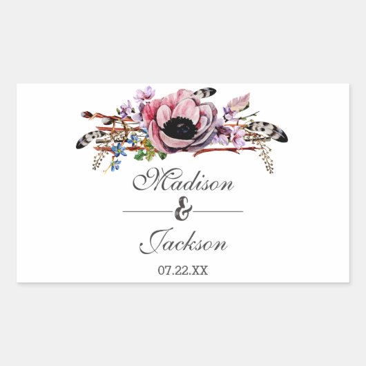 Boho chique blush roze bloemenbruiloft monogram rechthoekige sticker (Voorkant)