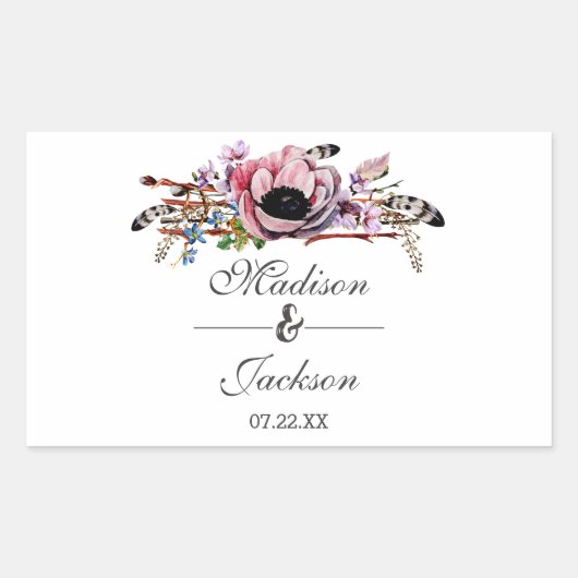 Boho chique blush roze bloemenbruiloft monogram rechthoekige sticker (Voorkant)