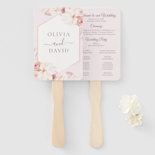 Boho chique blush roze bloemenbruiloft programma handwaaier (Voorkant en achterkant)