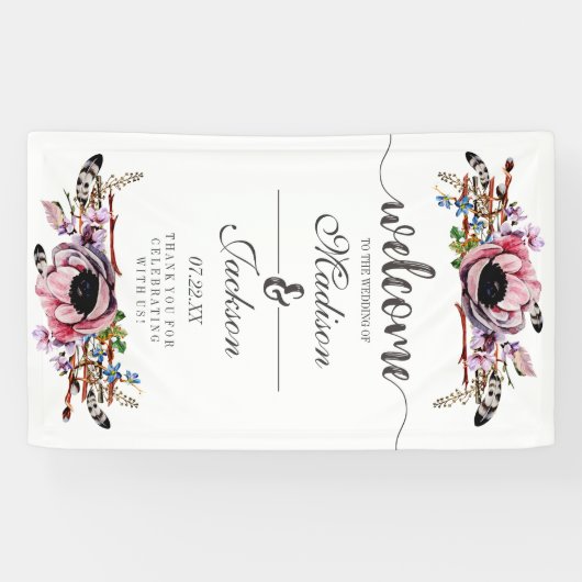 Boho chique blush roze bloemenbruiloft welkom spandoek (Horizontaal)