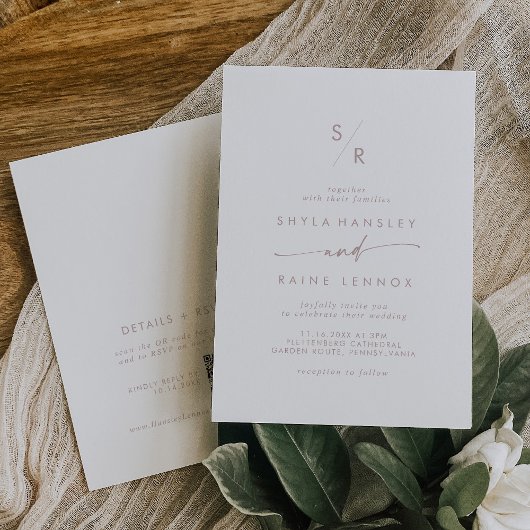 Boho chique blush roze monogram QR code bruiloft Kaart