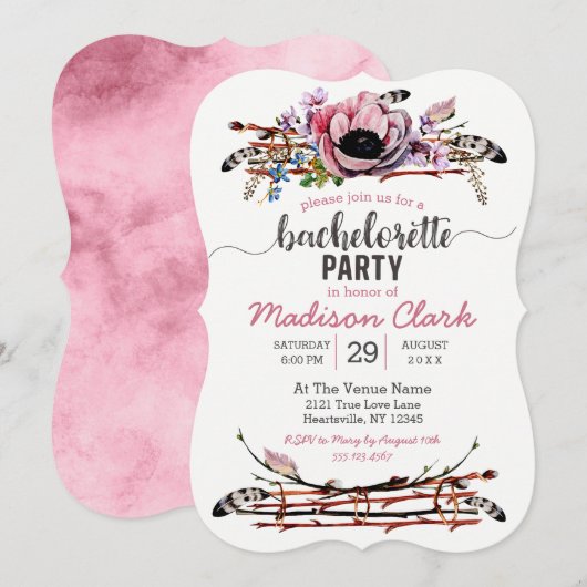 Boho chique blush roze vrijgezellenfeest uitnodigi kaart (Voorkant / Achterkant)