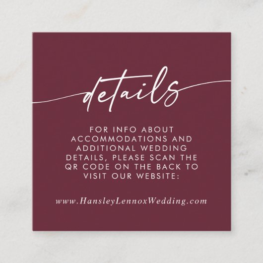Boho chique bordeaux rode bruiloft QR-code Details Informatiekaartje (Voorkant)