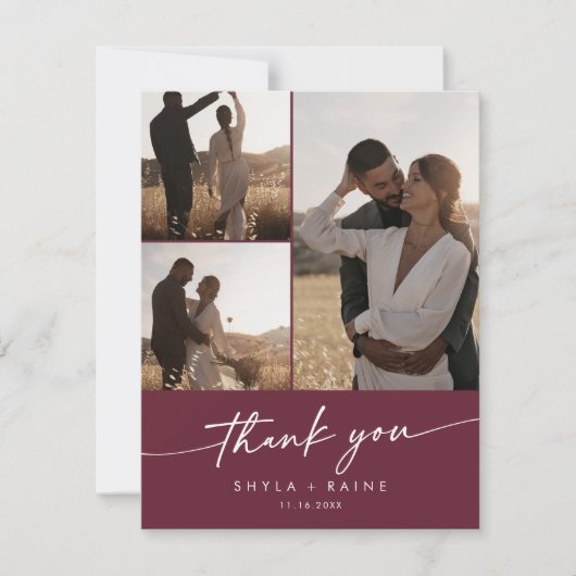 Boho chique bordeaux rood bruiloft foto collage bedankkaart (Voorkant)