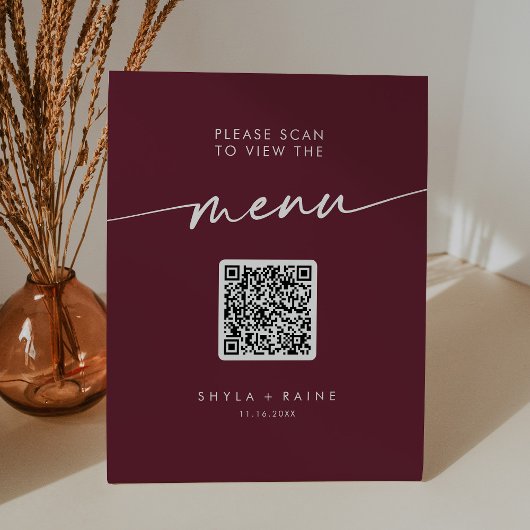 Boho Chique Bourgondië Rode QR Code Bruiloft Menu Reclamebord Met Voetstuk