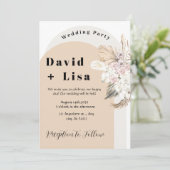 Boho chique bruiloft met pampasgras en roze rozen kaart (Staand voorkant)