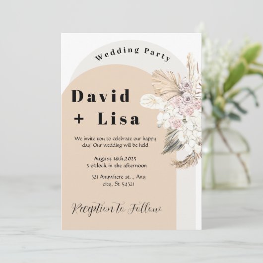 Boho chique bruiloft met pampasgras en roze rozen kaart (Staand voorkant)