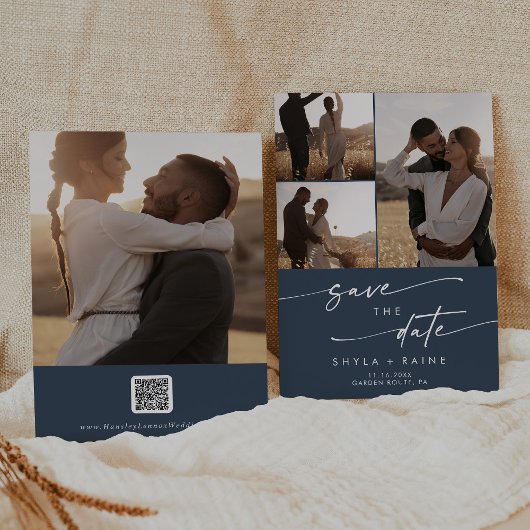 Boho Chique Donker Navy Blauw Multi Foto QR Code Save The Date