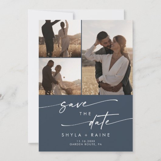 Boho Chique Donker Navy Blauw Multi Foto QR Code Save The Date (Voorkant)