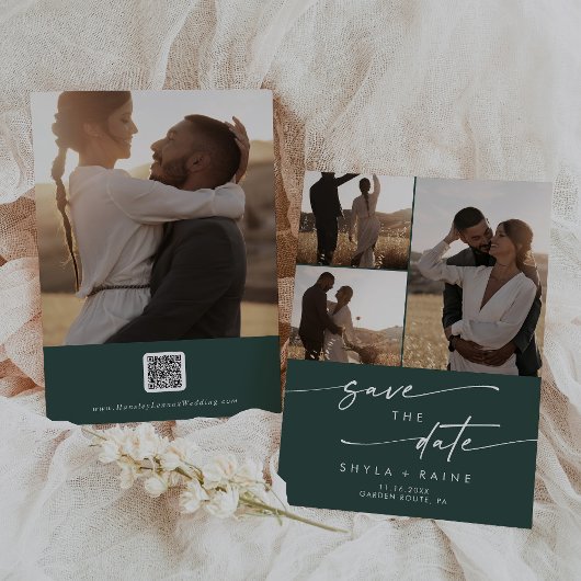 Boho Chique Emerald Groen Multi Foto QR Code Save The Date
