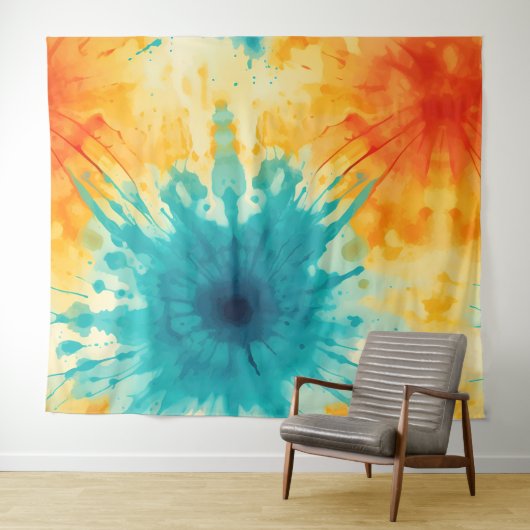 Boho Chique Geel en Blauwgroen Tie Dye Design Wandkleed (In Situ (horizontaal))