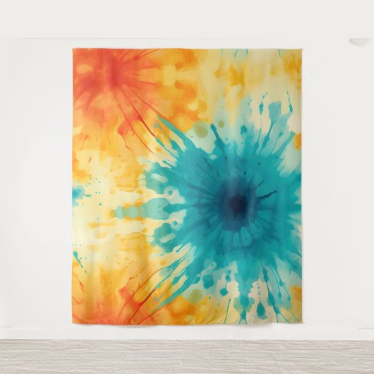 Boho Chique Geel en Blauwgroen Tie Dye Design Wandkleed (Voorkant)