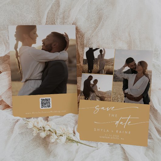 Boho chique geel goudsbloem multi foto QR code Save The Date