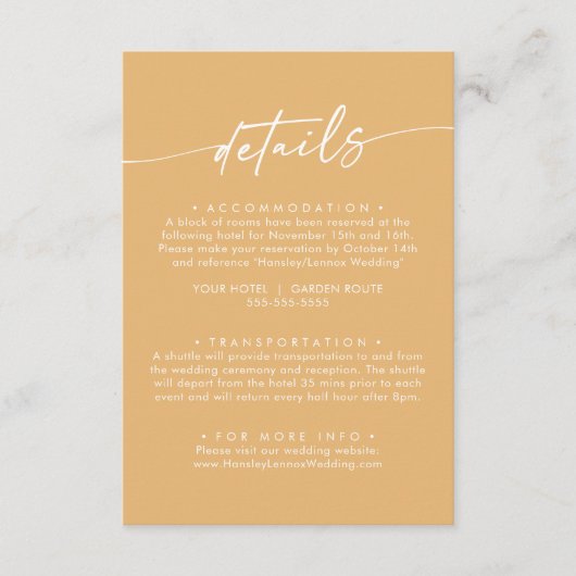 Boho chique gele goudsbloem bruiloft details informatiekaartje (Voorkant)