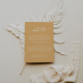 Boho chique gele goudsbloem bruiloft details informatiekaartje