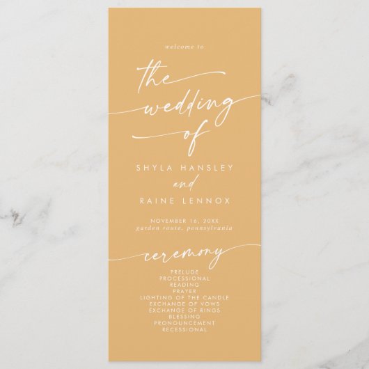 Boho chique gele goudsbloem thee lengte bruiloft programmakaart (Voorkant)