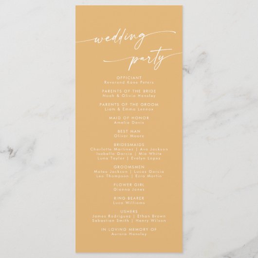 Boho chique gele goudsbloem thee lengte bruiloft programmakaart (Achterkant)