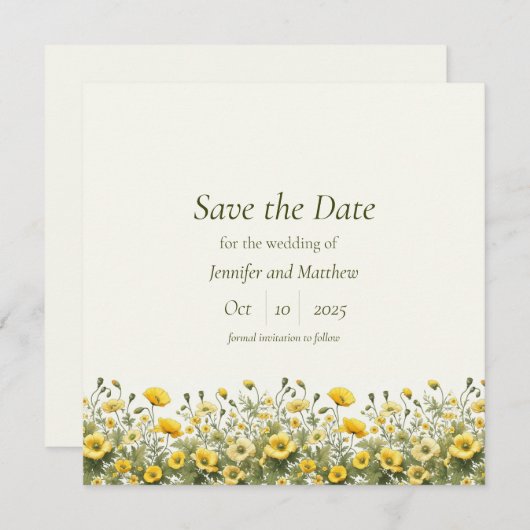 Boho Chique Gele Wildbloemen, Olive Save the Date Kaart (Voorkant / Achterkant)