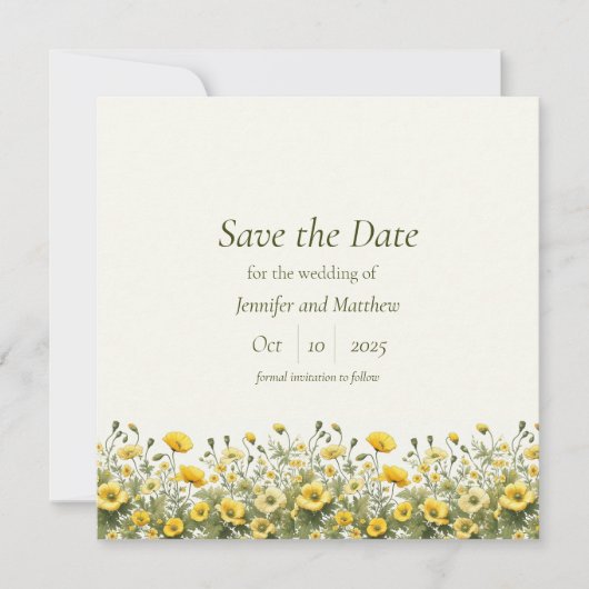 Boho Chique Gele Wildbloemen, Olive Save the Date Kaart (Voorkant)