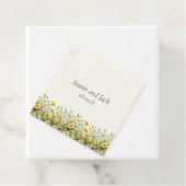 Boho chique gele wilde bloemen, olijf bedankjes labels (In situ)