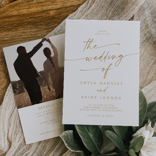 Boho Chique Goud en Wit Foto QR Code Bruiloft Kaart