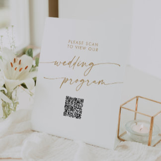 Boho Chique Goud en Wit QR Code Huwelijksprogramma Reclamebord Met Voetstuk