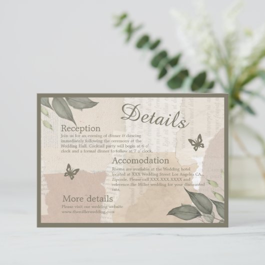  boho chique groen bruiloft informatiekaartje (Staand voorkant)