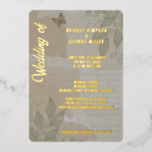  boho chique groen bruiloft monogram goud folie uitnodiging