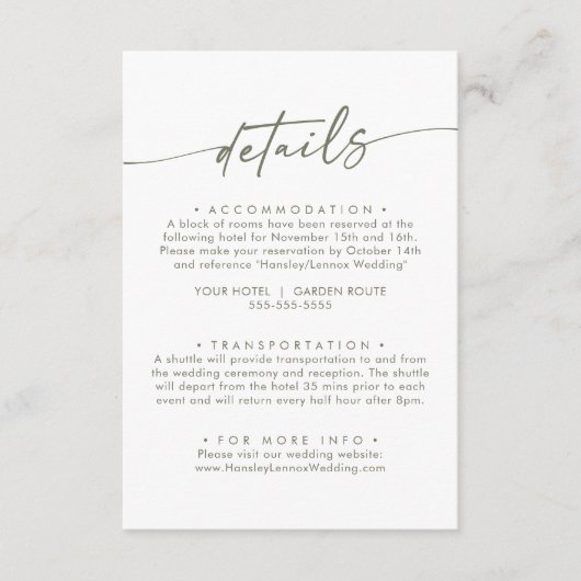 Boho Chique Groen en Wit Bruiloft Details Informatiekaartje (Voorkant)