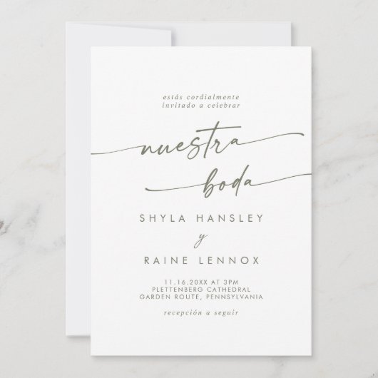 Boho Chique Groen en Wit Foto Spaans Bruiloft Kaart (Voorkant)