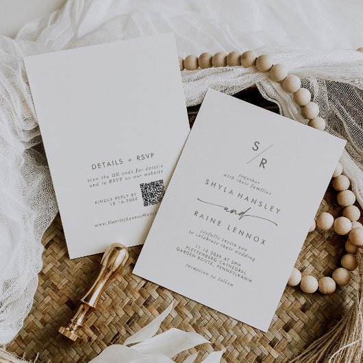 Boho Chique Groen en Wit Monogram QR Code Bruiloft Kaart