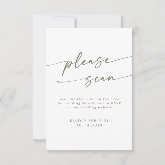 Boho Chique Groen en Wit QR Code Details RSVP Kaartje (Voorkant)