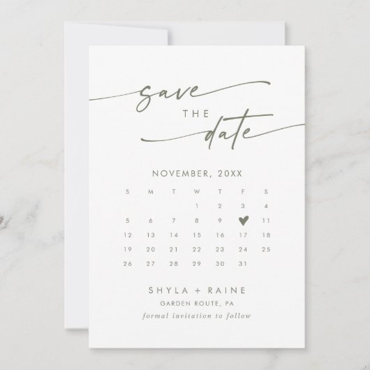 Boho Chique Groen en Wit QR Code Fotokalender Save The Date (Voorkant)