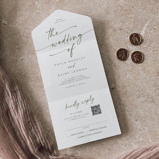 Boho Chique Groene en Witte QR Code Mail In Bruilo All In One Uitnodiging