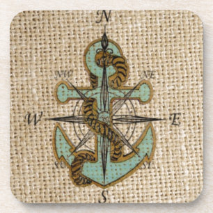 boho chique jute nautisch kompas Blauw anker Drankjes Onderzetter