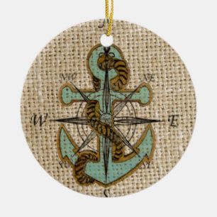 boho chique jute nautisch kompas Blauw anker Keramisch Ornament