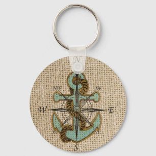 boho chique jute nautisch kompas Blauw anker Sleutelhanger