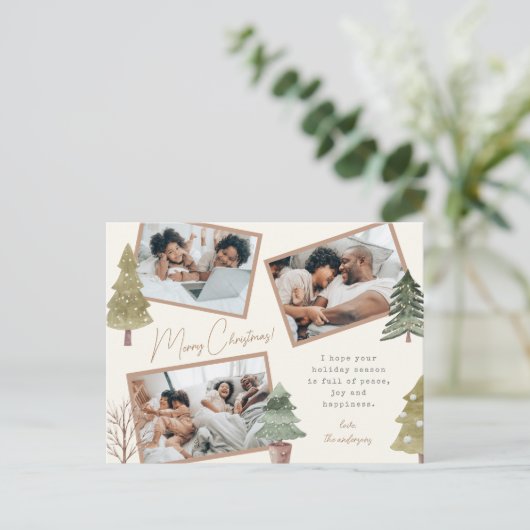 Boho chique kerst 3 foto collage dennenbomen feestdagenkaart (Staand voorkant)