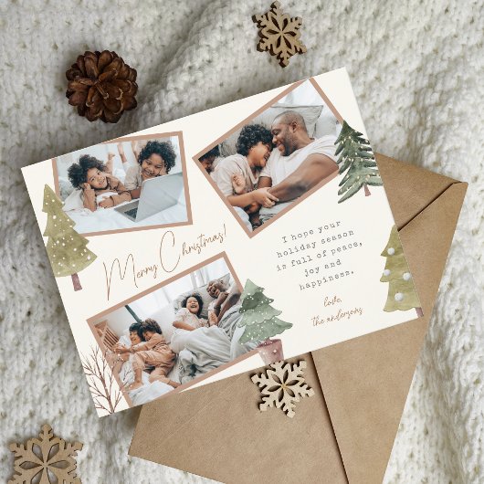 Boho chique kerst 3 foto collage dennenbomen feestdagenkaart