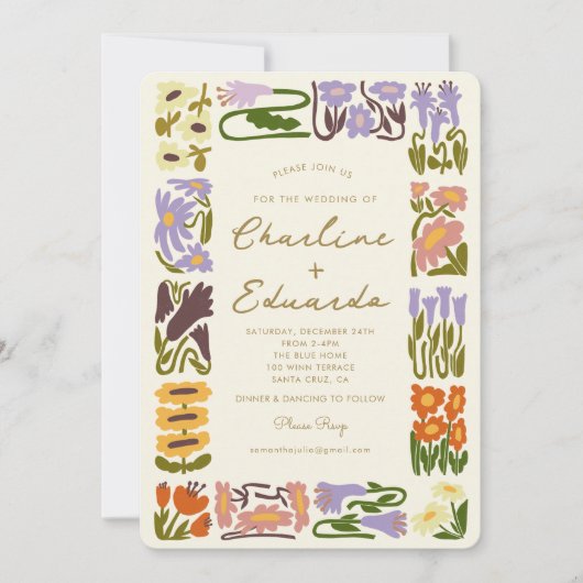 Boho chique kleurrijke bloem retro bruiloft kaart (Voorkant)
